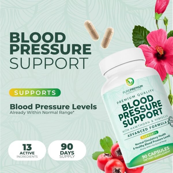 🌿 PurePremium Blood Pressure Supplements with Hawthorn Berry, Hibiscus, Garlic & Vitamin B12- Nitric Oxide Supplement for Normal Heart Health, Circulation Health & Blood Pressure Support - 90ct – Immunity, Bone & Wellness Support - Image 2