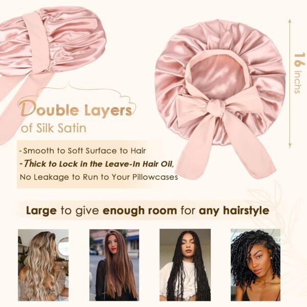 YANIBEST Silk Bonnet for Sleeping Women Satin Bonnet Double Layer Satin Lined Hair Bonnet with Tie Band Curly Hair Blush Pink - Image 2