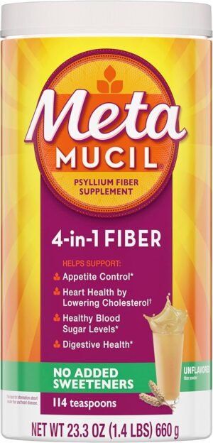 Metamucil, Psyllium Husk Powder, Unflavored with No Added Sweeteners, 114 Servings, 4-in-1 Fiber Supplement, Daily Psyllium Husk Fiber Powder Help Support Digestive Health by Promoting Regularity - Image 2
